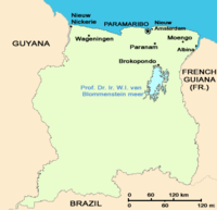 A map of Suriname with the disputed area (with Guyana) included