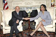 The Honorable Fiorenzo Stolfi, Secretary for Foreign and Political Affairs and for Economic Planning of the Republic of San Marino and President of the Council of Europe, meeting with US Secretary of State Condoleezza Rice in Washington, DC.