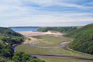 Early stages of formation of coastal plain ox-bow lake. Gower Peninsula, southwest Wales