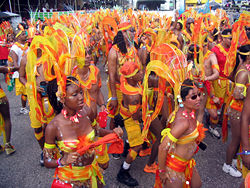 Members of a Costume band parade on the streets of Port of Spain during its pre-Lenten Carnival
