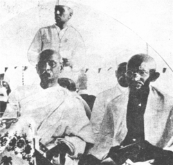 Gandhi (right), Patel (left), and Nehru (back)