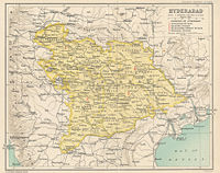 Hyderabad state in 1909. Its area stretches over the present Indian states of Andhra Pradesh, Karnataka, Maharashtra.
