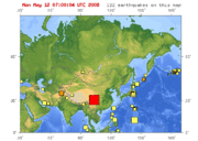 USGS provided a map of Asia on May 2008, which showed a total of 122 earthquakes occurring on the continent. The large red square near the center of the map depicts the Sichuan earthquake.