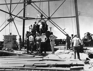 The explosives of the Gadget were raised up to the top of the tower for the final assembly.