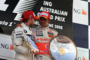 Nick Heidfeld who finished second in the 2008 Australian Grand Prix with Race Winner Lewis Hamilton on the Podium