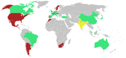 A map showing countries which have and/or will host Formula One Grands Prix.