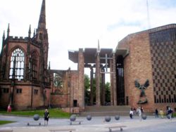 The old and new Coventry Cathedrals, in the Diocese of Coventry. The new cathedral was built next to the ruins of the old, which was destroyed in the Second World War.