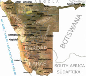 A detailed map of Namibia, based on radar images from The Map Library.