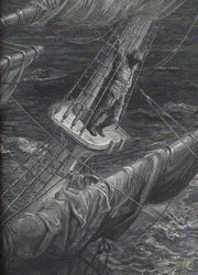 One of a set of engraved metal plate illustrations by Gustave Doré: the Mariner up on the mast in a storm.