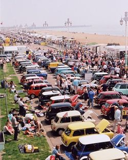 Seafront display of Minis after a London to Brighton drive
