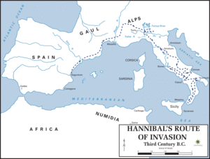 Hannibal´s route of invasion given by the Department of History, United States Military Academy.