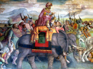 Hannibal's celebrated feat in crossing the Alps with war elephants passed into European legend: a fresco detail, ca. 1510, Capitoline Museums, Rome