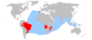 An anachronous map of the Portuguese Empire (1415-1999). Red - true possessions; Pink - explorations, areas of influence and trade and claims of sovereignty; Blue - main sea explorations, routes and areas of influence. The disputed discovery of Australia is not shown.