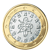 Portuguese national side of a 1 euro coin. The centrepiece is the 1144 royal seal of King Afonso Henriques.