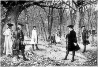 Hamilton fights his fatal duel with Vice President Aaron Burr. The depiction is inaccurate: Only the two seconds actually witnessed the duel.