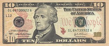 Alexander Hamilton on the current U.S. $10 bill, based on an 1805 portrait by John Trumbull.