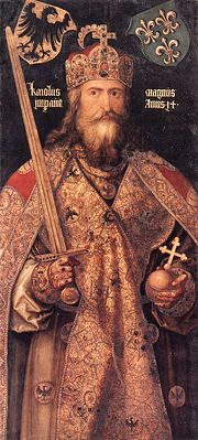 A portrait of Charlemagne by Albrecht Dürer that was painted several centuries after Charlemagne's death, the coat of arms above him show the German eagle and the French Fleur-de-lis.