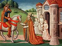 The Frankish king Charlemagne was a devout Catholic who maintained a close relationship with the papacy throughout his life. In 772, when Pope Hadrian I was threatened by invaders, the king rushed to Rome to provide assistance. Shown here, the pope asks Charlemagne for help at a meeting near Rome