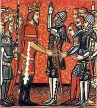 Roland pledges his fealty to Charlemagne in an illustration taken from a manuscript of a chanson de geste