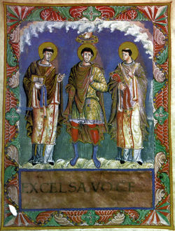 Coronation of an idealised king, depicted in the Sacramentary of Charles the Bald (about 870)