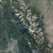 Landsat 7 image of Waterton-Glacier International Peace Park. The Rocky Mountain Front formed by the Lewis Overthrust fault rises dramatically above the Great Plains on the right.