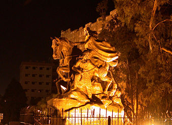 The statue of Saladin at the entrance of the citadel in Damascus.