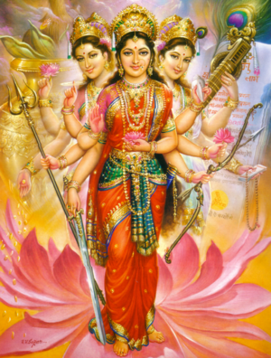 Depiction of the Tridevi, featuring the conjoined forms of Durga, Lakshmi and Saraswati.