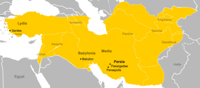 Superimposed on modern borders, the Achaemenid Empire under Cyrus' rule extended approximately from Turkey, Israel, and Armenia in the west to Kazakhstan, Kyrgyzstan, and to the Indus River in the east. Persia became the largest empire the world had ever seen.