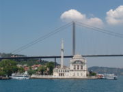 Ortaköy Mosque under the Bosphorus Bridge.