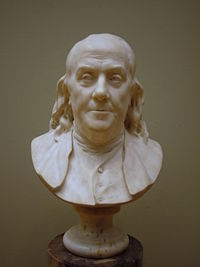 A bust of Franklin by Jean-Antoine Houdon.