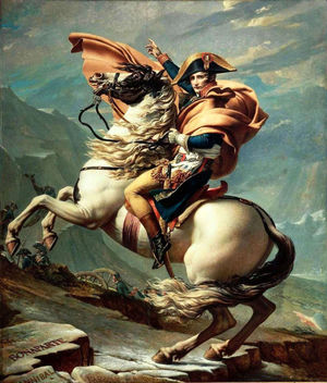 Napoleon Crossing the Alps, by Jacques-Louis David. Note the names of Hannibal, Charlemagne (Karolus Magnus), and Bonaparte in the rocks below
