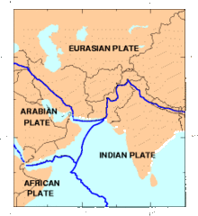 Map depicting tectonic plates shows Indian subcontinent and Eurasian landplate divide through Pakistan and the Indian administered state of Jammu & Kashmir where earthquake activity is common.