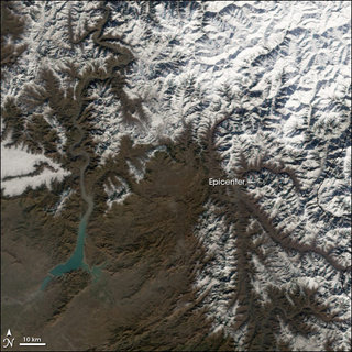 Heavy snowfall in the region around the epicentre, shown here in a January 6, 2006 NASA satellite image, hampered relief efforts since beginning shortly after the earthquake struck.