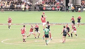 An Australian Football League Premiership season match at Carrara Stadium on the Gold Coast between Adelaide and Melbourne. The AFL is the most attended national competition in Australia and the only fully professional league for Australian Rules in the world.