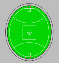 The playing field, which may be 135-185 m long and 110-155 m wide. The centre square is 50x50. The curved fifty metre line is 50 m away from the goal line. Adjacent goal posts are 6.4 metres apart.