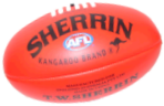 An Australian football. The Sherrin football was invented in 1880 and this brand is used for all official AFL matches. A red ball like this is used for day matches and a yellow ball is used for night matches.