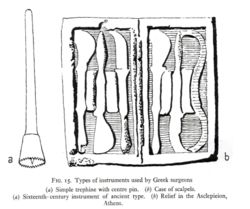 A number of ancient Greek surgical tools. On the left is a trephine; on the right, a set of scalpels. Hippocratic medicine made good use of these tools.