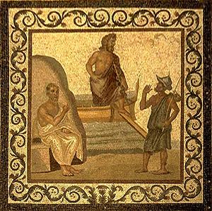 An image of Hippocrates on the floor of the Asclepieion of Kos, with Asklepius in the middle.