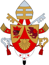 Papal Arms of Pope Benedict XVI. The papal tiara was replaced with a bishop's mitre, and pallium of the Pope was added beneath the coat of arms.