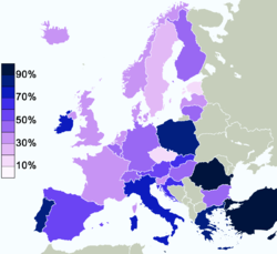 The percentage of people in European countries who said in 2005 that they "believe there is a God". Countries with Eastern Orthodox (ie:Greece, Romania, etc.) or Muslim (Turkey) majorities tend to poll highest.