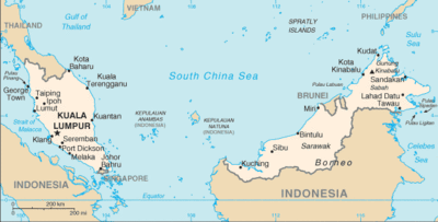 Map of Peninsular Malaysia and East Malaysia (Malaysian Borneo)