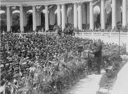 Coolidge addressing a crowd at Arlington National Cemetery's Roman style Memorial Amphitheater in 1924.