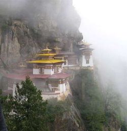 The Taktshang Monastery, also known as the "Tiger's Nest". Bhutan is a predominantly Buddhist country, with the religion forming an integral part of everyday life.