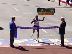 Hailu Negussie wins the 26.2 mile Boston Marathon in 2005