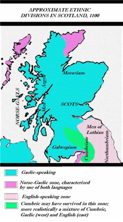 Linguistic division in early twelfth century Scotland. By the end of the period, Gaelic displaced Norse in much of the Norse-Gaelic region, but itself lost ground to English in much of the region between Scotland-proper and Galloway.