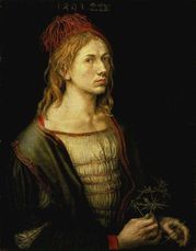 The earliest painted Self-Portrait (1493) by Albrecht Dürer, oil, originally on vellum Louvre, Paris