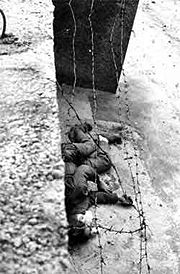 Peter Fechter lies dying after being shot by East German border guards. This photo achieved international notoriety, 1962.