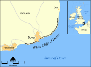The location and extent of the white cliffs of Dover.