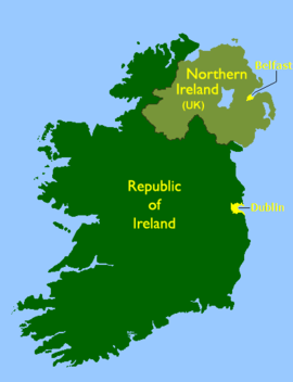 Map of Ireland showing the Republic of Ireland and Northern Ireland