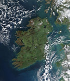 True colour image of Ireland, captured by a NASA satellite on 4 January 2003, with the Atlantic Ocean to the west and the Irish Sea to the east